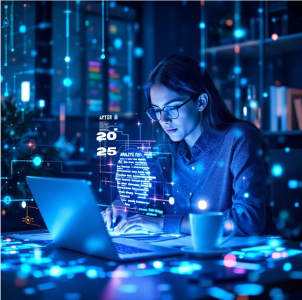 A focused woman working on a laptop in a futuristic digital environment, with glowing data streams, charts, and “2025” projections, representing advanced digital marketing strategies.