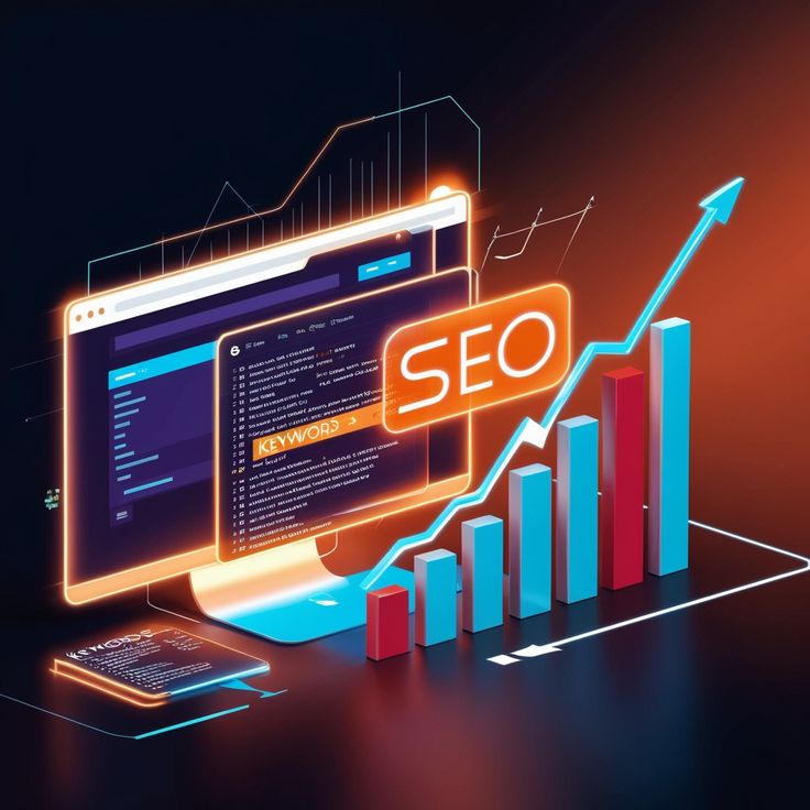 A digital illustration of SEO analytics showing a rising bar graph, keyword research on a screen, and an SEO label, symbolizing search engine optimization and website growth.