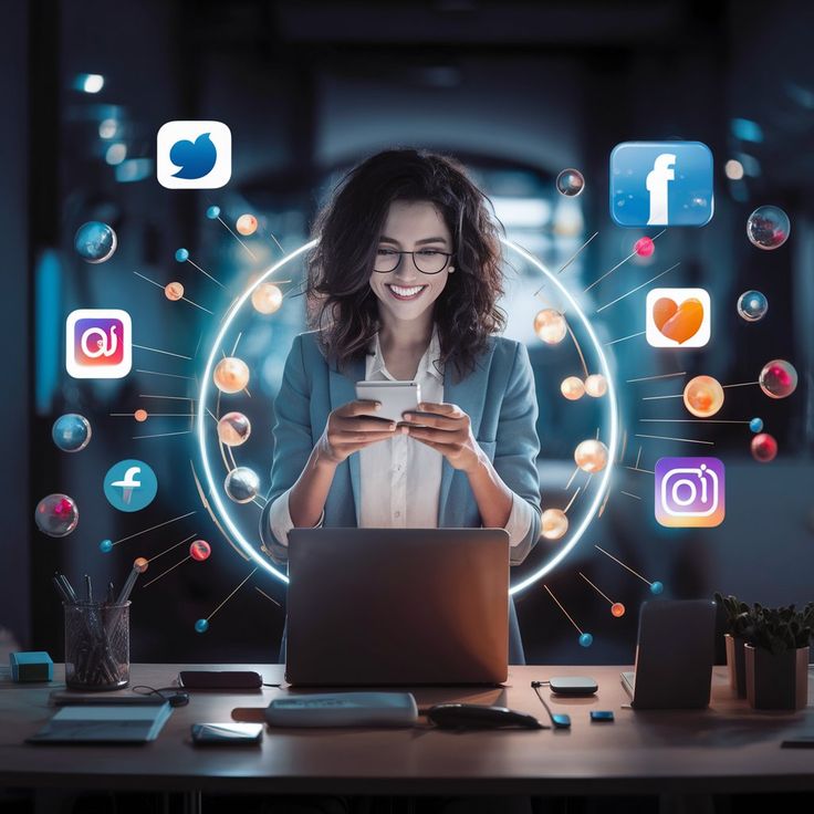 A smiling young woman in a modern office using her phone, surrounded by floating social media icons like Facebook, Instagram, Twitter, and Threads, representing digital marketing and social media management.
